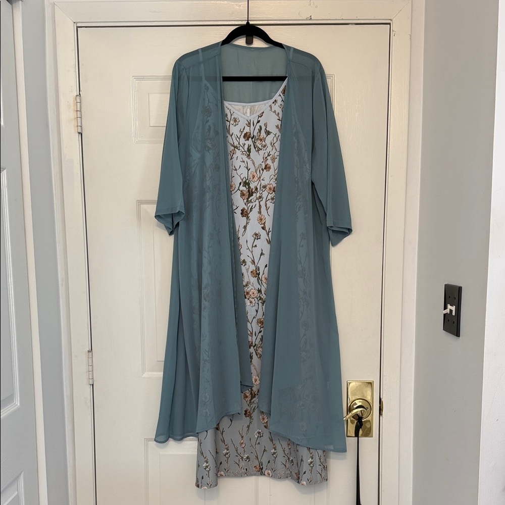 Floral Slip Dress with Sheer Dusty Blue Duster XL NEW